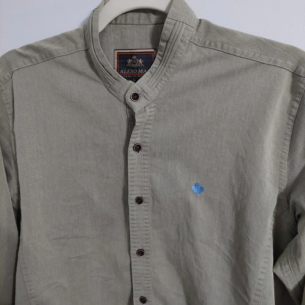 Olive Green Casual Band Collar Button-Down Shirt - Picture 1 of 4
